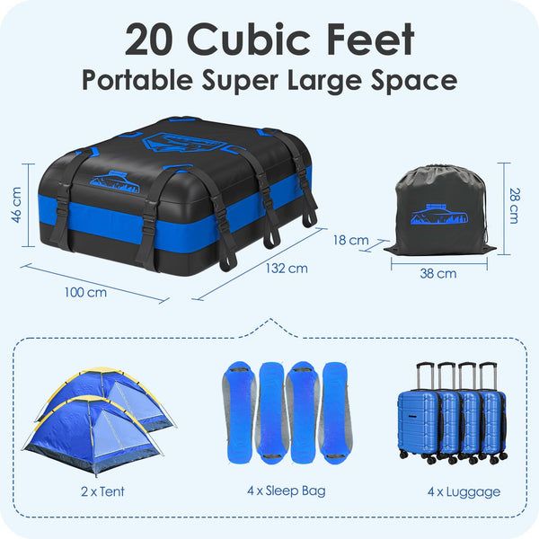 Rymopuey Roof Bag 15 Cubic/425 L, Waterproof Car Roof Bag No Rack Needed, Roof Box with Anti-Slip Mat and 6 Heavy-Duty Straps, Folding Soft Car Roof Box for Cars with/Without Rack (Blue 425 L)