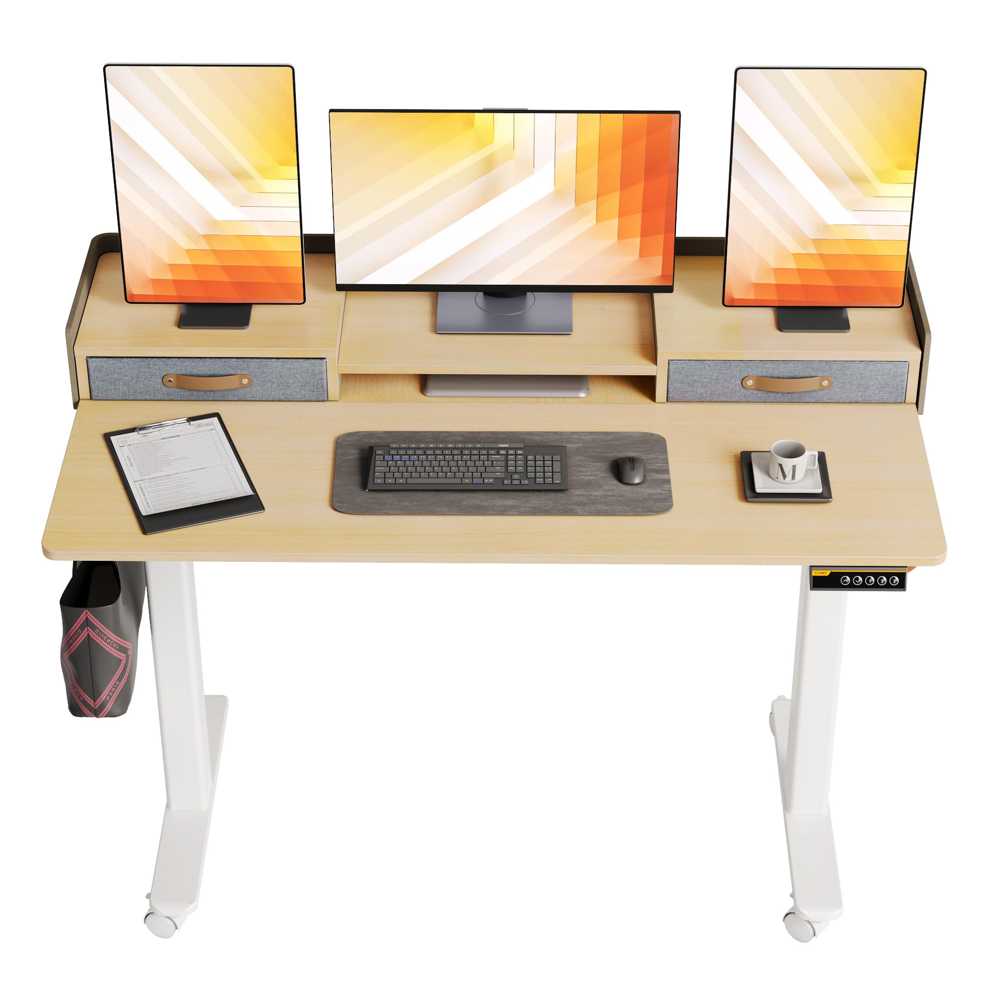 Claiks Electric Standing Desk with Drawers, 120x60cm Height Adjustable Desk with Storage Shelf and Splice Board, Stand Up Desk for Home Office, White Frame/Maple Top