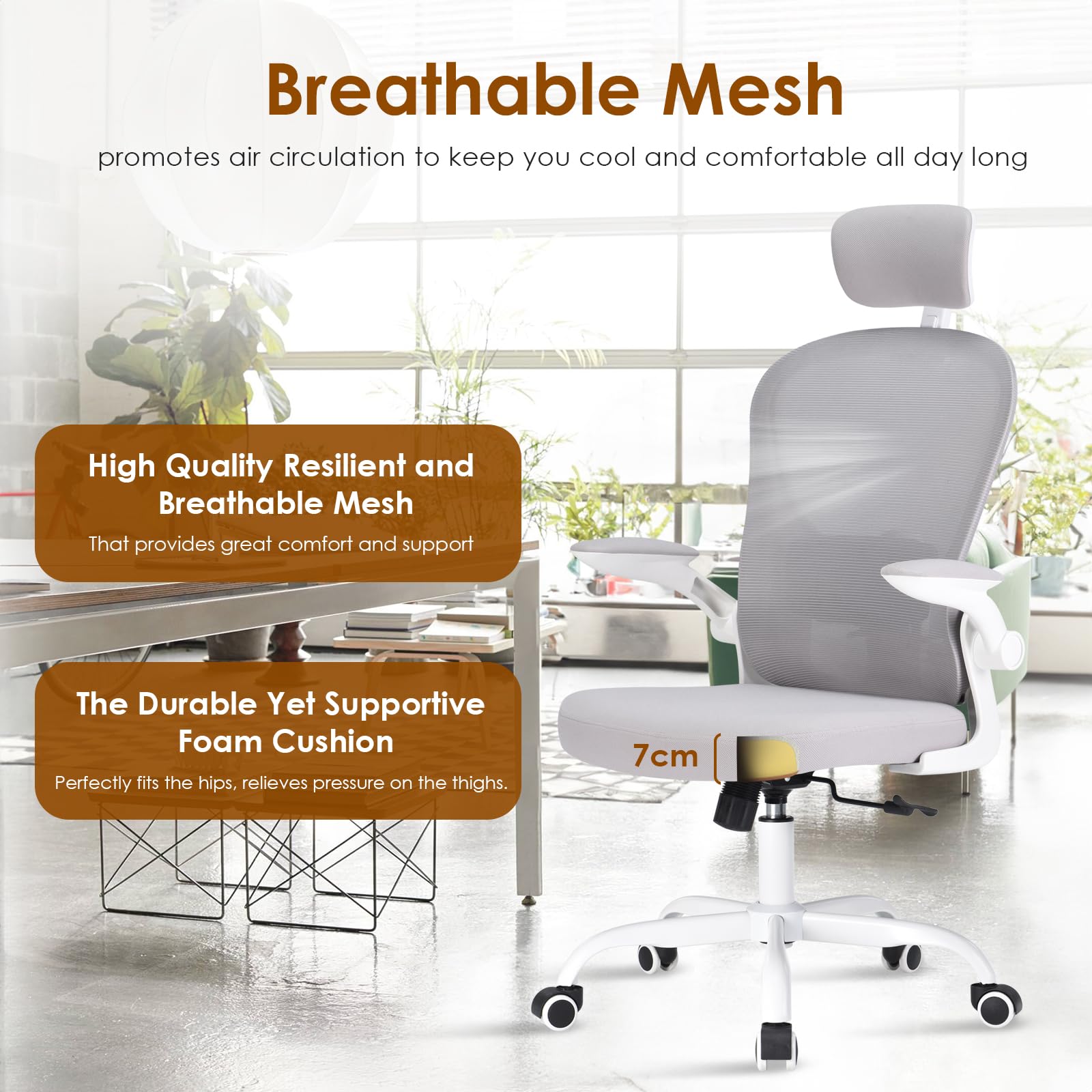 Farini Home Office Chair - Ergonomic Computer Chair with Flip-Up Armrests, Adjustable Headrest & Lumbar Support - Breathable Mesh Fabric for