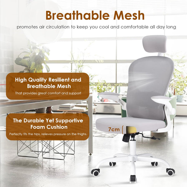 Farini Home Office Chair - Ergonomic Computer Chair with Flip-Up Armrests, Adjustable Headrest & Lumbar Support - Breathable Mesh Fabric for