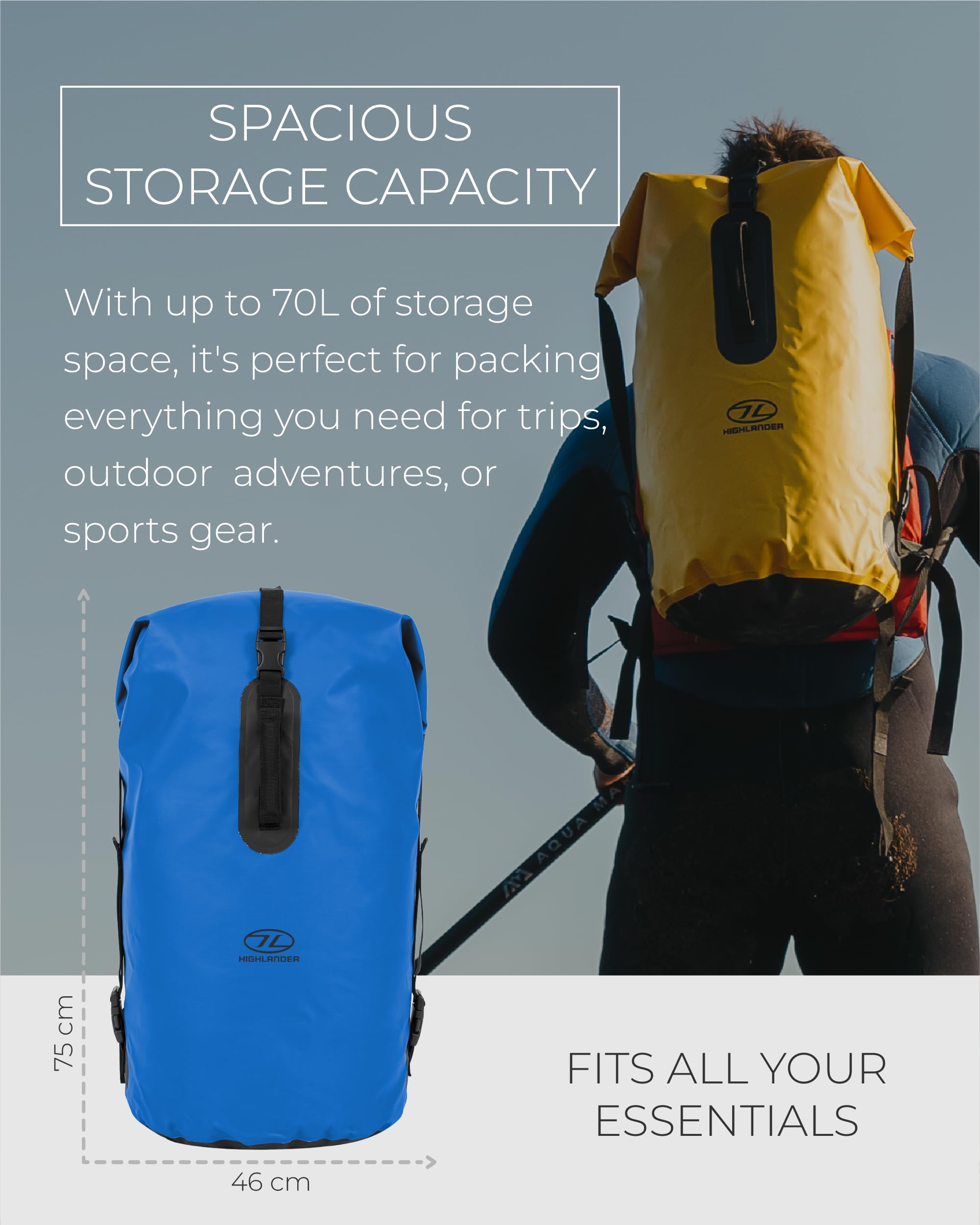 Highlander Waterproof Dry Bag 70L - Duffle Roll Top Backpack - Removable Backpack Adjustable Style Straps - Ideal for Canoeing, Fishing, Rafting,