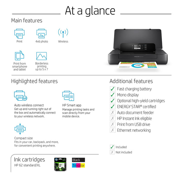 HP 2M32H38 Officejet 200 Colour Wireless Mobile Printer, Black