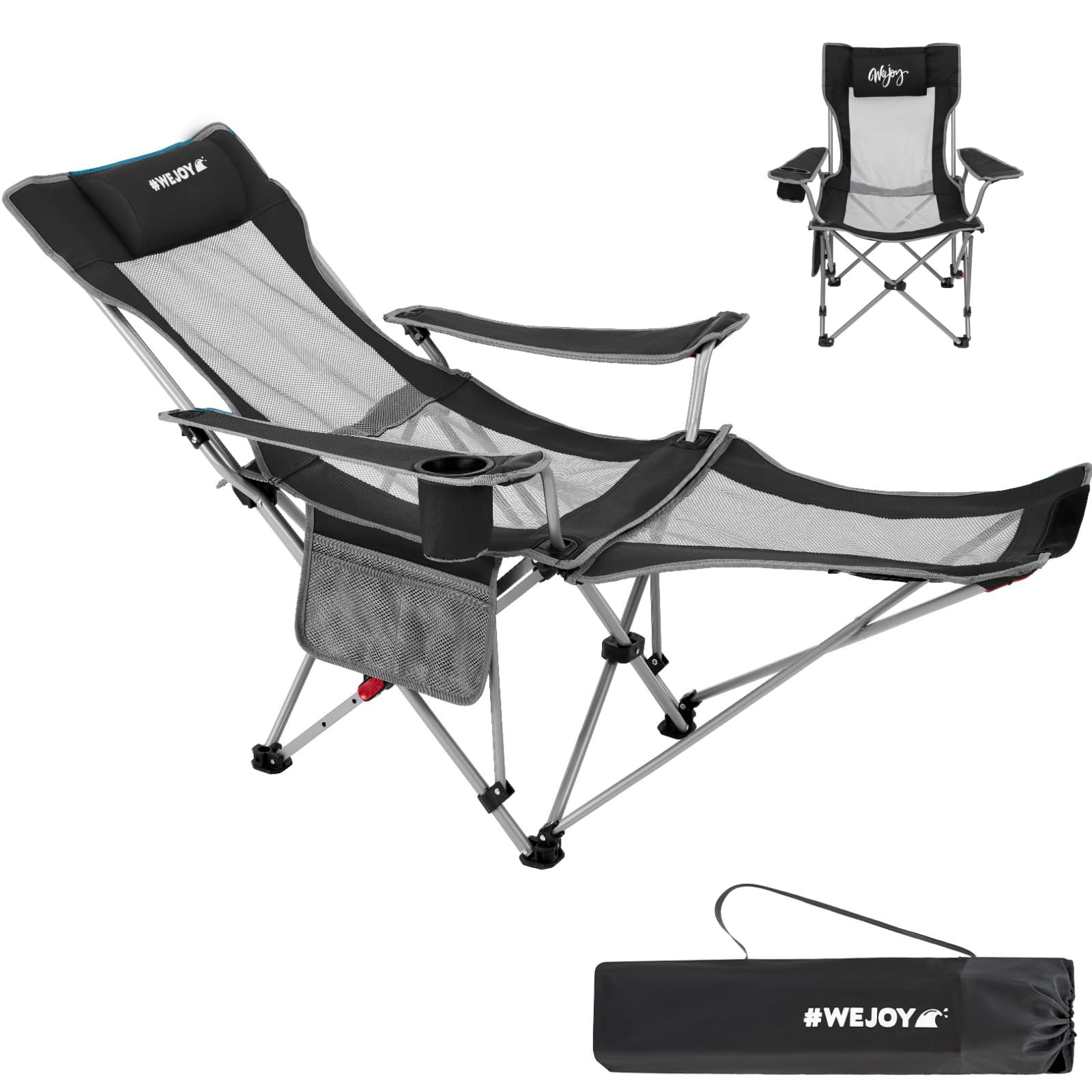 #WEJOY Camping Chairs Folding Recliner Chair Adjustable with Detachable Footrest Headrest Cup Holder Lightweight Portable Reclining Camp Chair Fold Up Chair for Outdoor Beach Garden, Cyan Set of 2