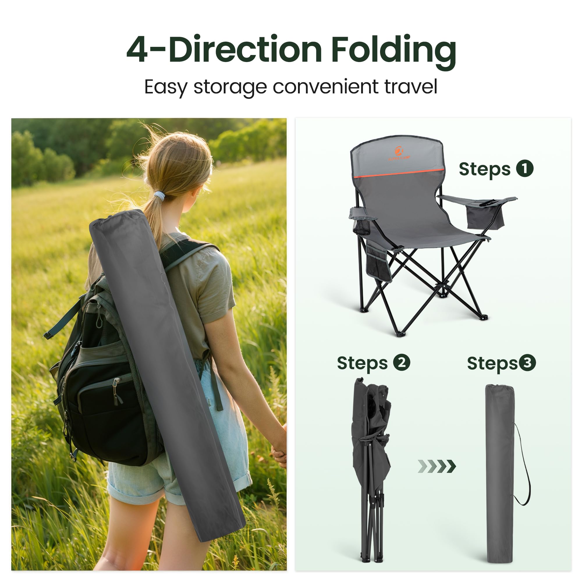 ALPHA CAMP Set of 2 Folding Camping Chairs with Cooler Bag & Cup Holder & Side Pocket Up to 120kg, Lightweight and Portable Camping Chair for Adults, Black