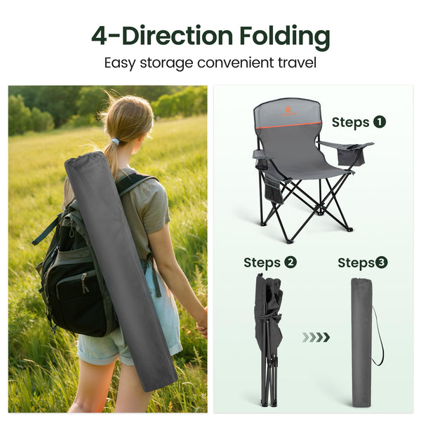 ALPHA CAMP Set of 2 Folding Camping Chairs with Cooler Bag & Cup Holder & Side Pocket Up to 120kg, Lightweight and Portable Camping Chair for Adults, Black