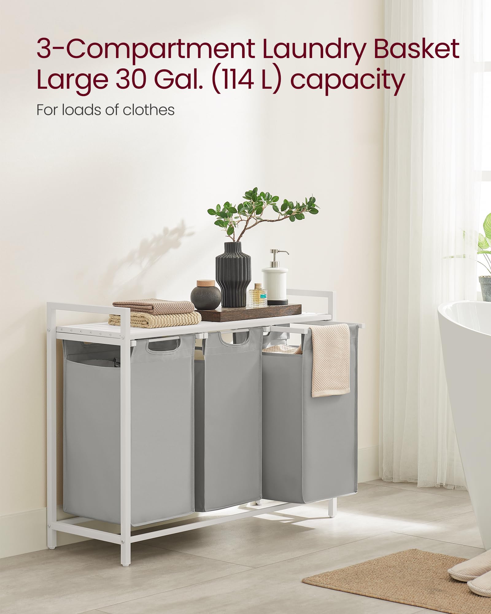 VASAGLE Laundry Basket, Laundry Hamper, Pull-Out and Removable Liner Bag, Shelf, Metal Frame, 65 L, 50 x 33 x 72 cm, Ink Black and Rustic Brown BLH101B01