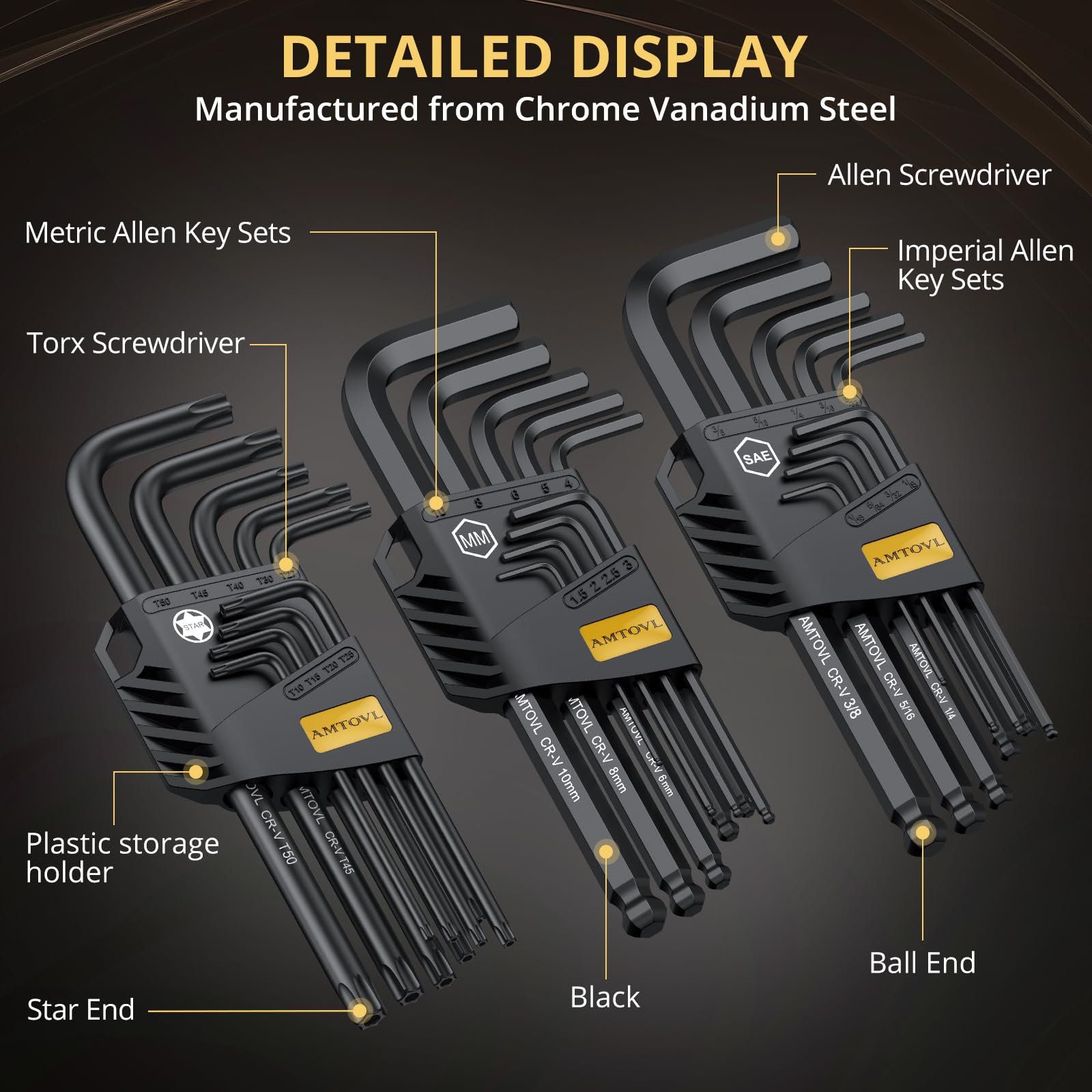 AMTOVL Hex Keys Set, 27PCS Allen Key Set & Star Key Set, Magnetic S2 Steel Metric Imperial Extra Long Ball End Hex Key Set with Color Coding with T-Handle for Bicycle Repair Household DIY