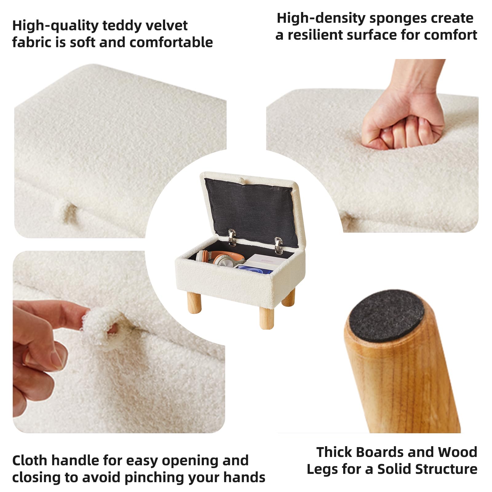 Aibiju Small Footstool with Storage, Faux Teddy Fur Foot Stool Ottoman with Wooden Legs, Change Shoes Stool for Living Room Bedroom Entryway