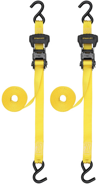 STANLEY S1007 Black/Yellow 1.5" x 16' Ratchet Tie Down Straps - 1,100 lb Safe Working Load / 3,300 lb Break Strength, 2 Pack