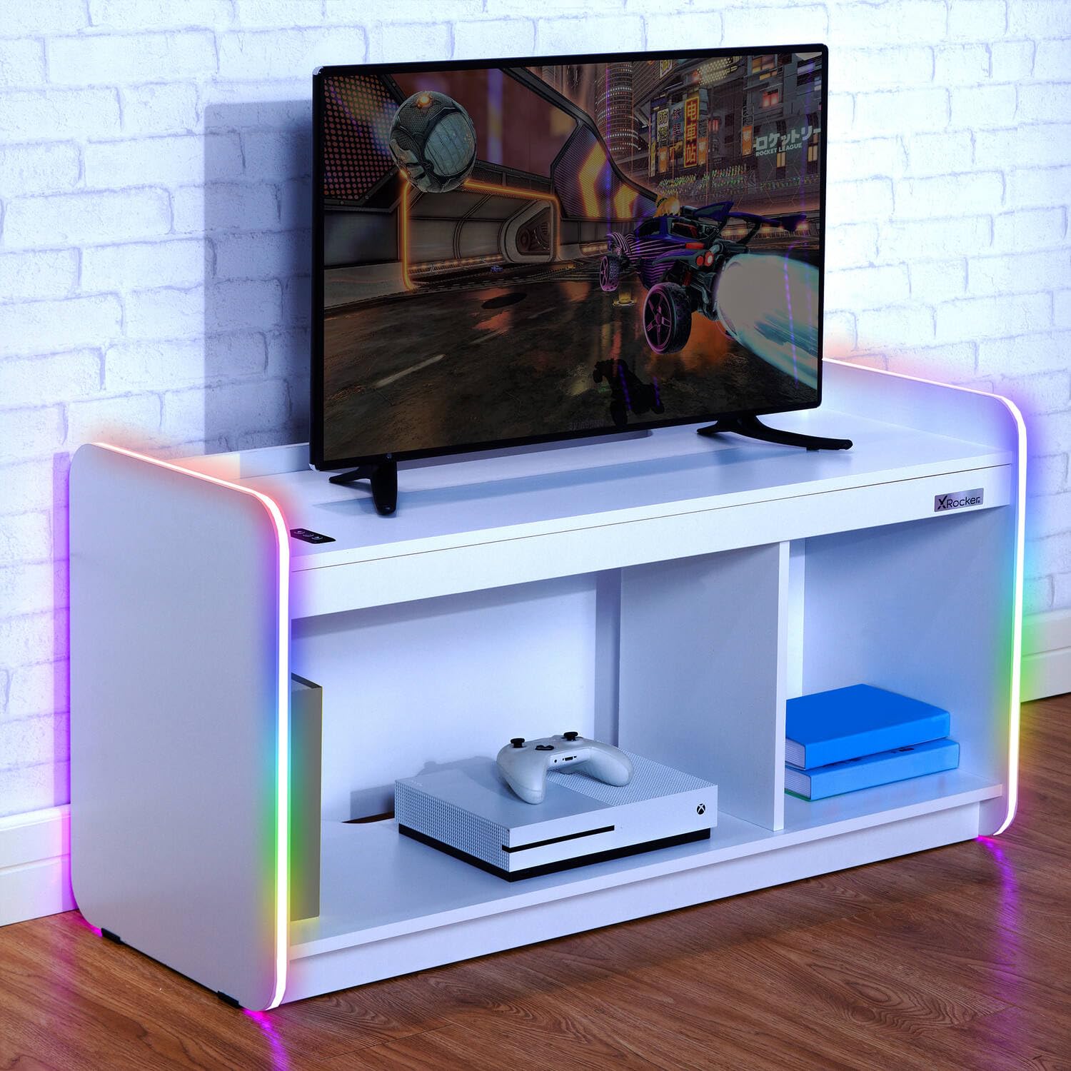 X-Rocker Electra LED TV Unit 2 Shelf Modern Matte MDF Living Room Cabinet Media Stand Furniture App Controlled RGB Light 107cm 42" TV - WHITE