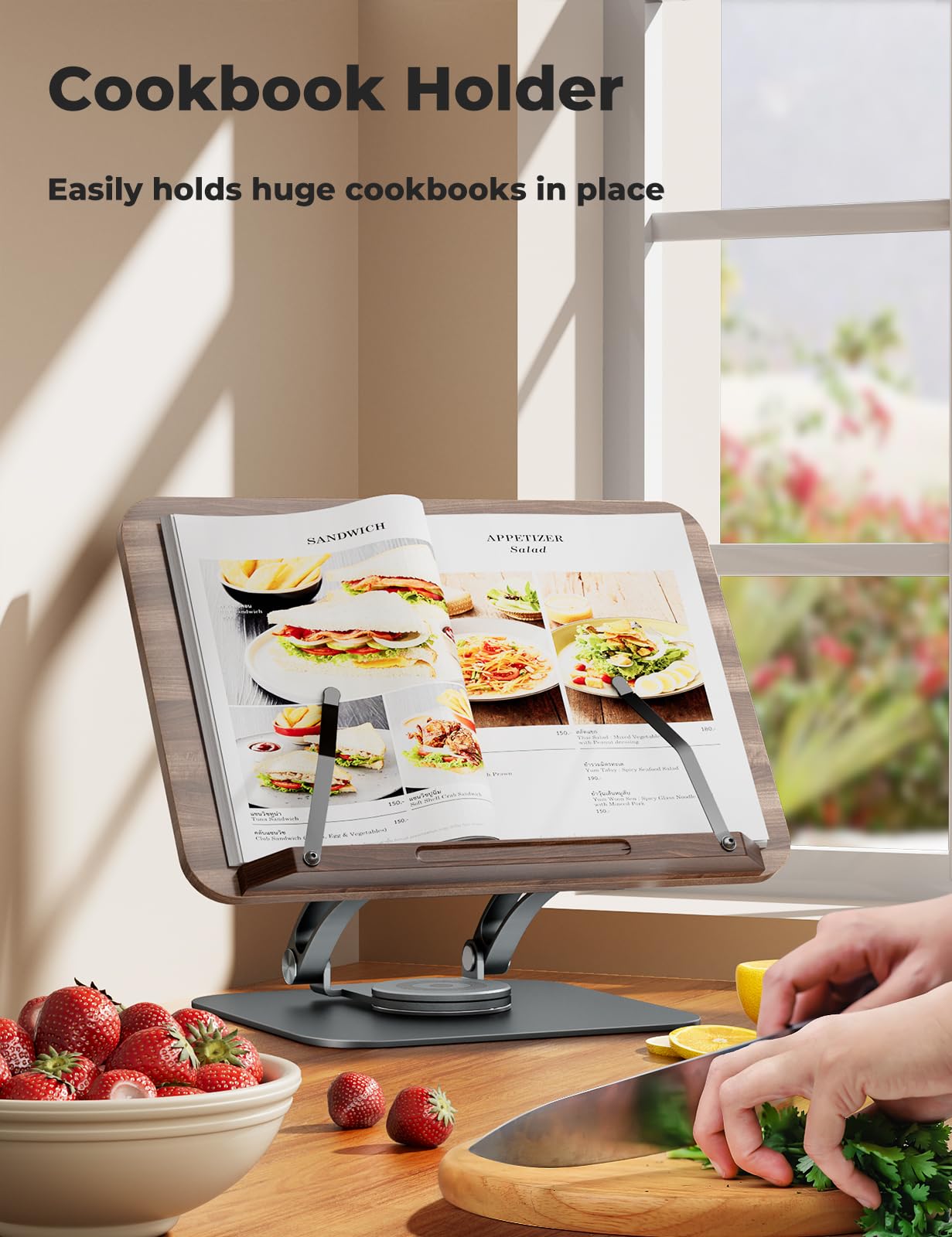 Tounee Book Stand for Reading, Adjustable Book Holder with 360 Swivel Base, Foldable Cookbook Stand Recipe Book Holder with Elastic Page Clips for