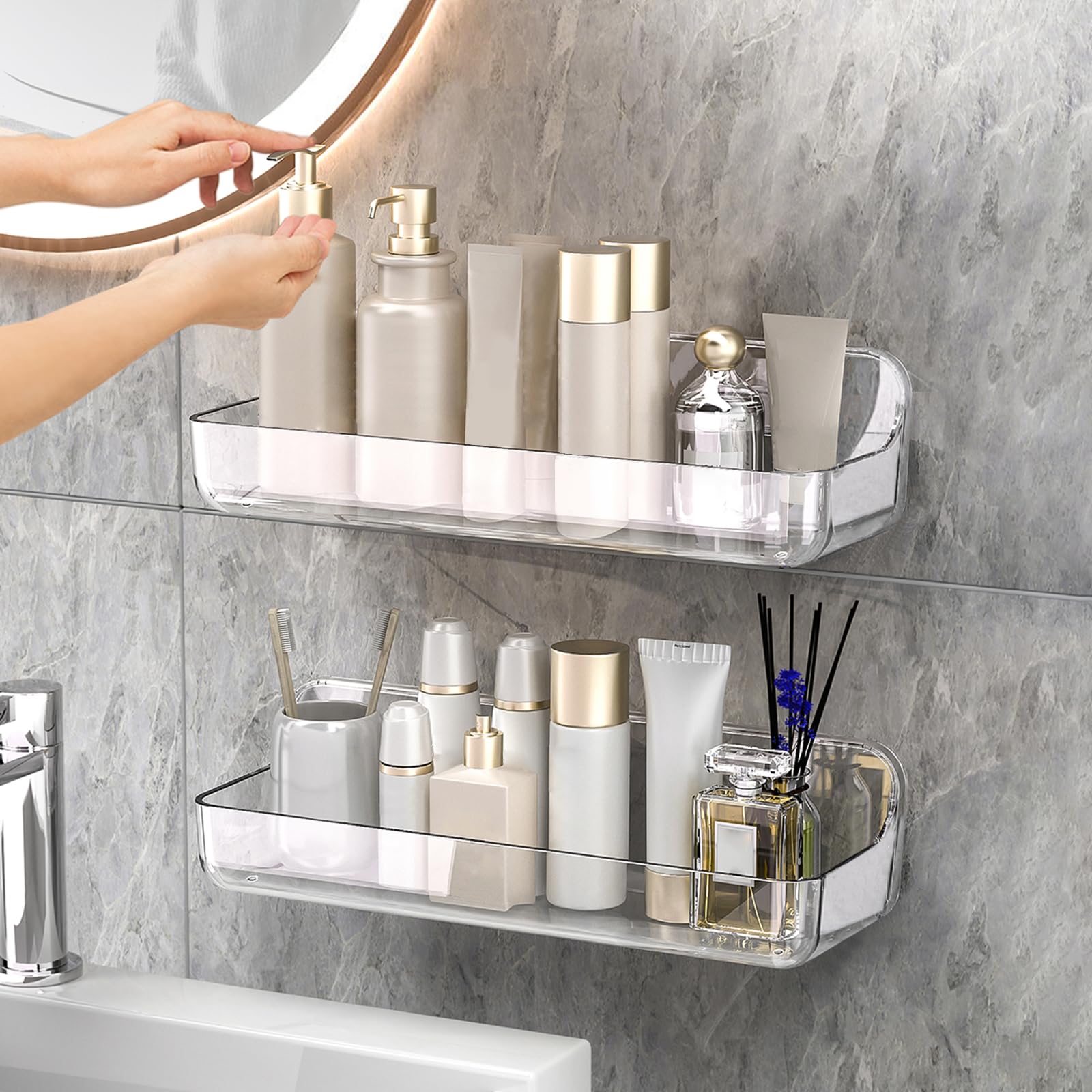 CGBE 2-Pack Acrylic Shower Shelves, No Drilling Adhesive Shower Shelf, Large Capacity Adhesive Bathroom Shelf with Drain Holes-Large