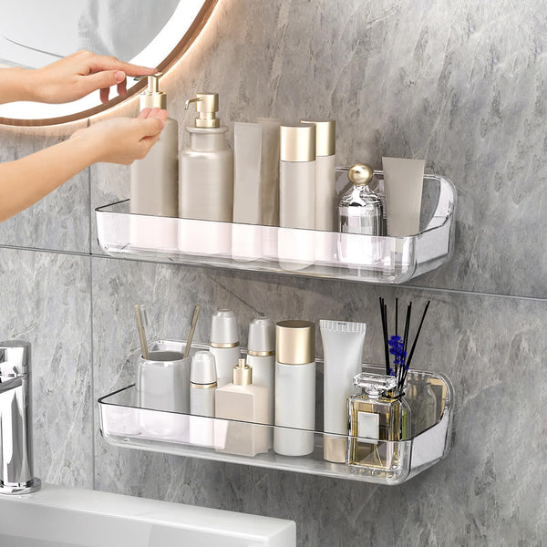 CGBE 2-Pack Acrylic Shower Shelves, No Drilling Adhesive Shower Shelf, Large Capacity Adhesive Bathroom Shelf with Drain Holes-Large