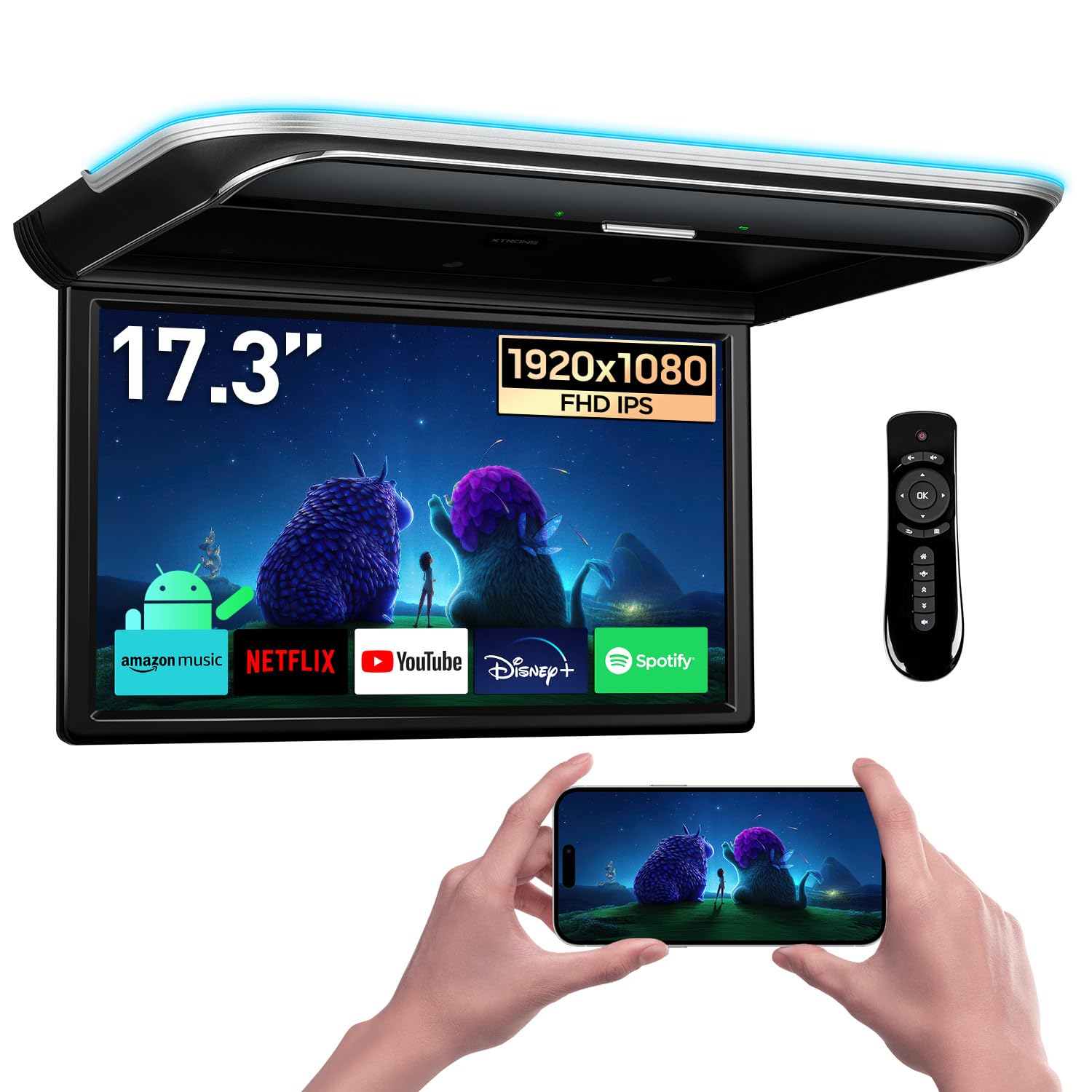 XTRONS 17.3-inch FHD Android 9.0 Car Overhead Flip Down Mount Monitor 8K 1080P IPS Screen Octa-core Car Roof Multimedia Player Car Video With Superior Sound and Screen Mirroring Support HDMI/USB/AV/IR