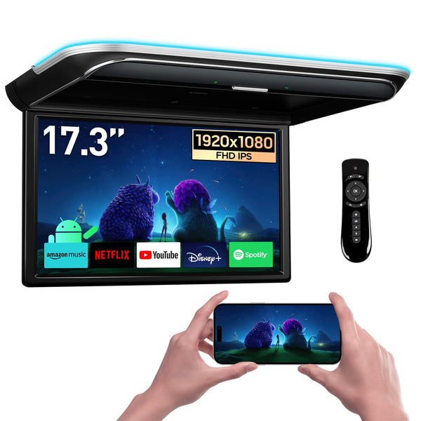 XTRONS 17.3-inch FHD Android 9.0 Car Overhead Flip Down Mount Monitor 8K 1080P IPS Screen Octa-core Car Roof Multimedia Player Car Video With Superior Sound and Screen Mirroring Support HDMI/USB/AV/IR