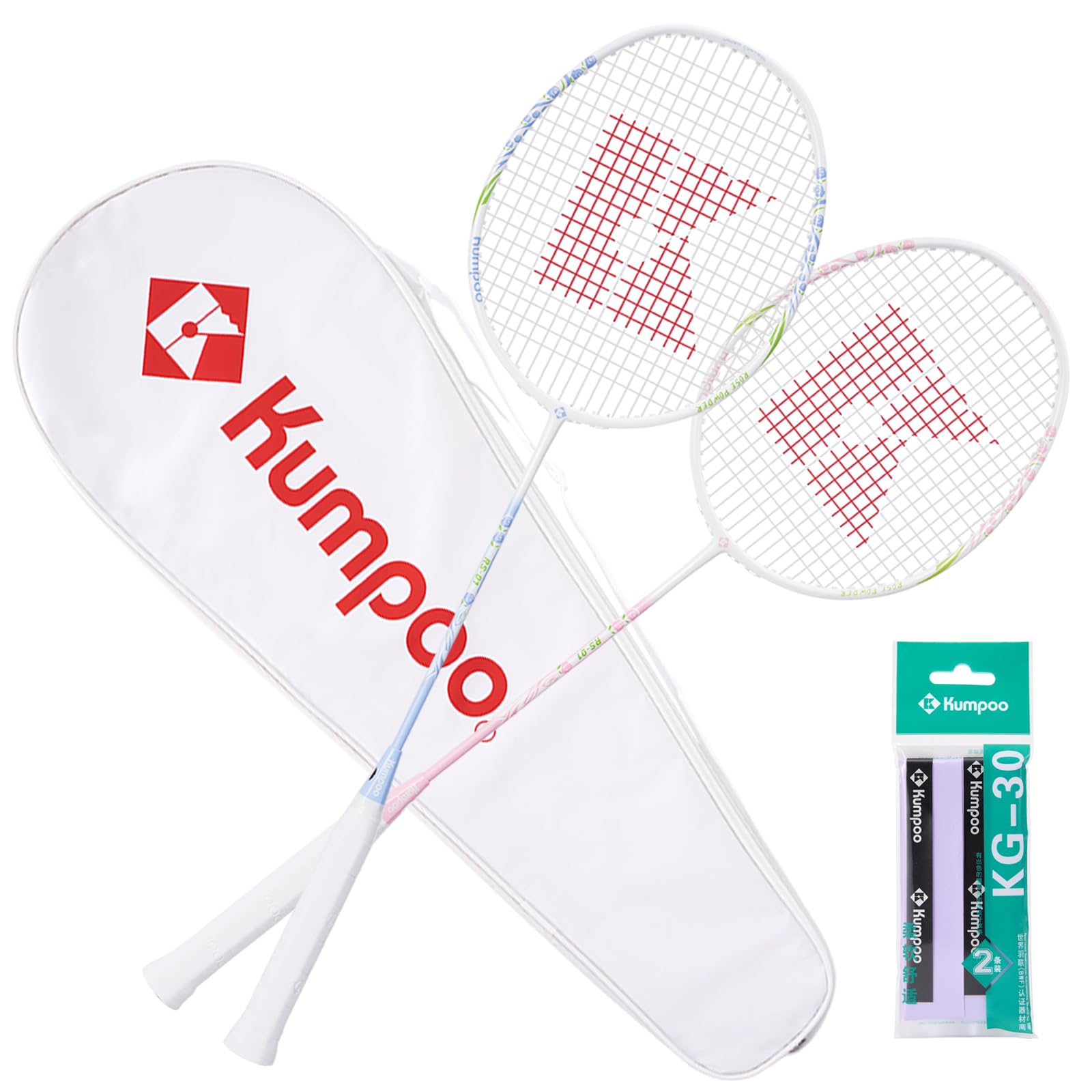 KUMPOO Badminton Set of 2 Carbon Fiber Rackets, 1 Racket Grip Tapes, 1 Badminton Bag, Pink Badminton Rackets Professional for Beginner Trainning