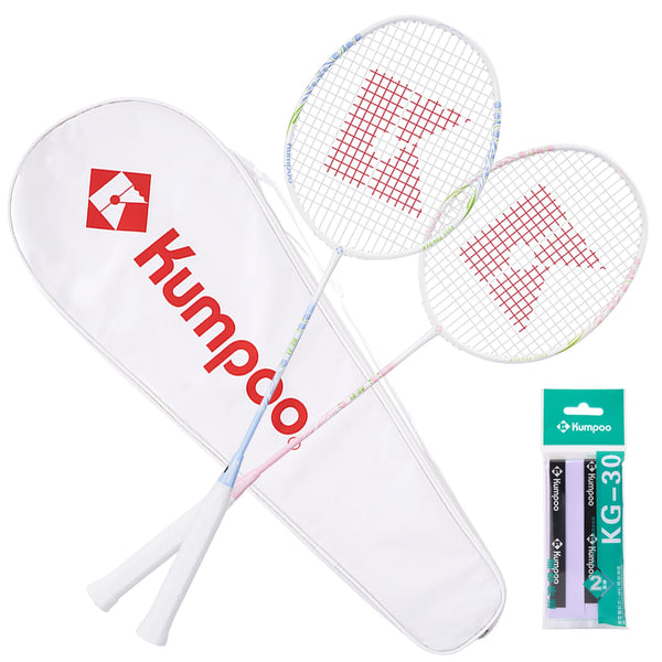 KUMPOO Badminton Set of 2 Carbon Fiber Rackets, 1 Racket Grip Tapes, 1 Badminton Bag, Pink Badminton Rackets Professional for Beginner Trainning