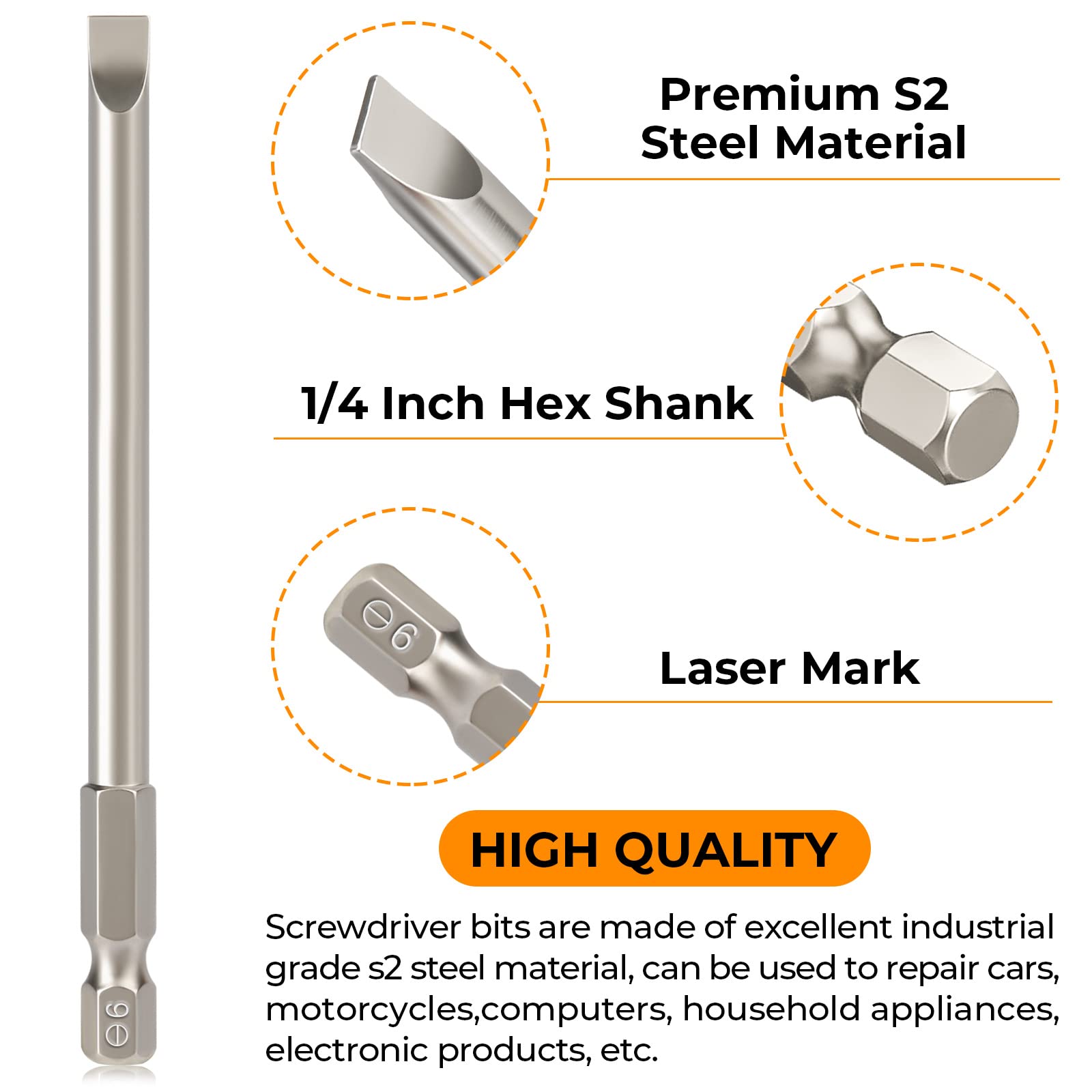 Hakkin 12PC Screwdriver Bits Set - S2 Steel, Magnetic, 3 Inch Slotted & Phillips, 1/4" Hex Shank for Power Screwdriver, Drill, Impact Driver