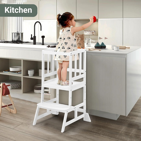 COSYLAND Height Adjustable Kids Kitchen Step Stool with Anti-tip Support Corners - Kids Standing Tower for Kitchen Counter, Bathroom, Nursery (Black)