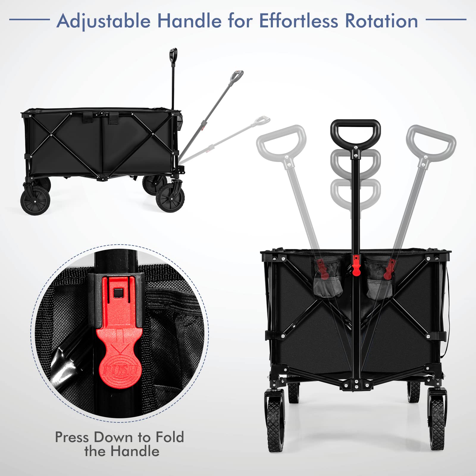 COSTWAY Folding Camping Wagon, Collapsible Beach Garden Trolley with Cup Holders and Adjustable Handle, Canvas Transport Utility Cart for Shopping Gardening Sporting Events (Navy Blue)