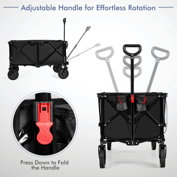 COSTWAY Folding Camping Wagon, Collapsible Beach Garden Trolley with Cup Holders and Adjustable Handle, Canvas Transport Utility Cart for Shopping Gardening Sporting Events (Navy Blue)