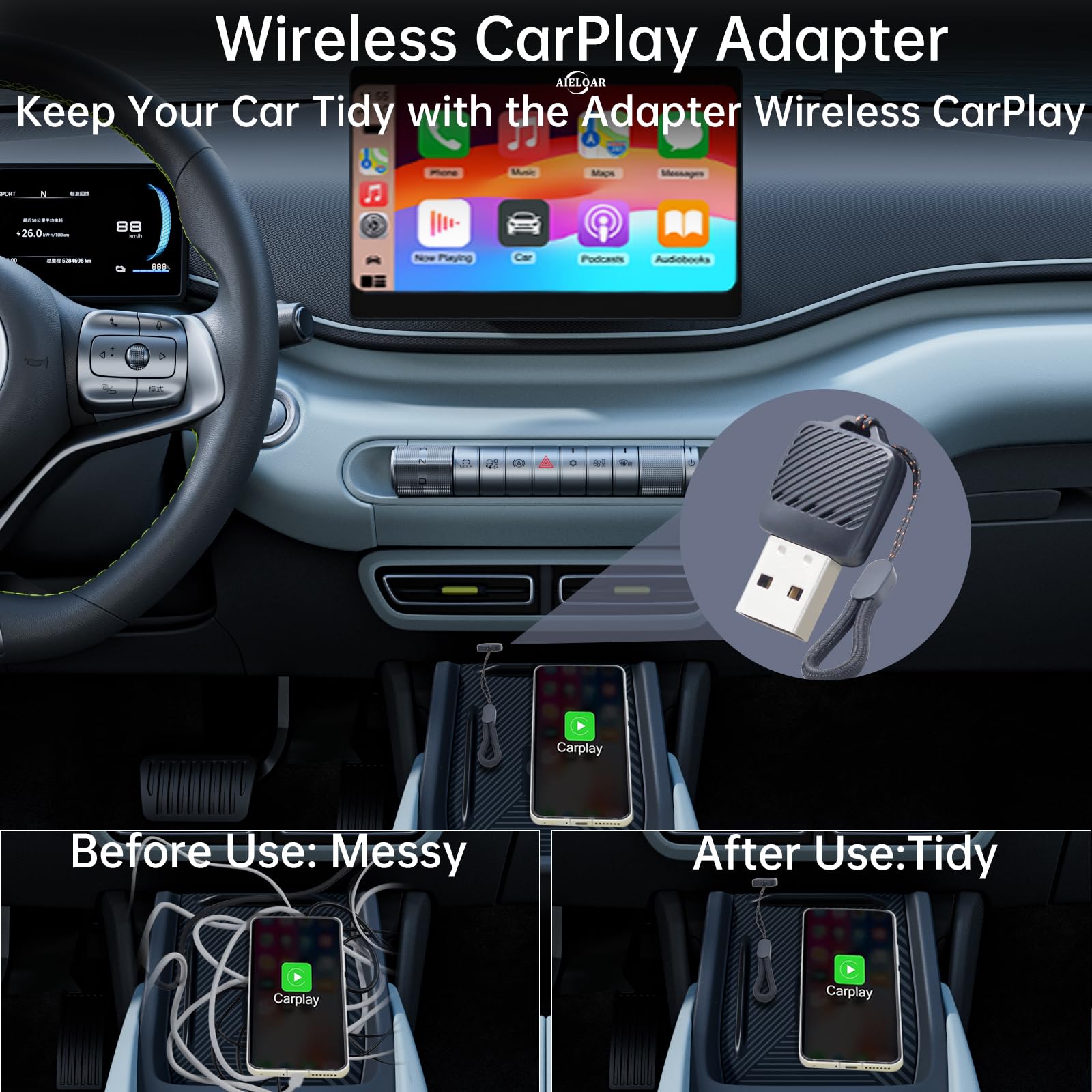 Wireless Carplay Adapter (2025 Upgrade),Plug and Play Convert Wired to Wireless Bluetooth Carplay Adapter Compatible with iPhone iOS 10+,- No Latency
