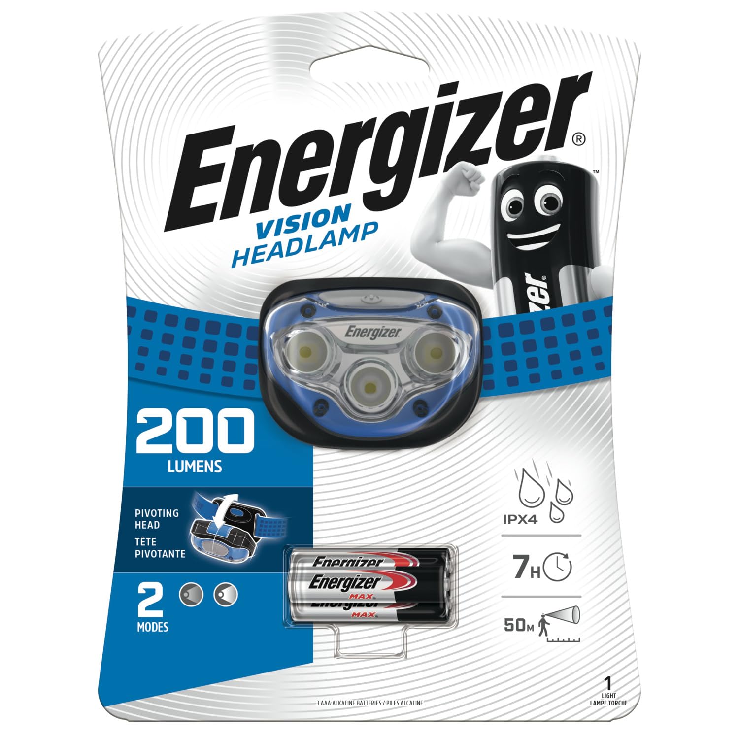 Energizer Vision HD+ Head Torch, Bright Headlamp, Water Resistant, Hands-Free, Lightweight for Indoor and Outdoor Activities, Batteries Included