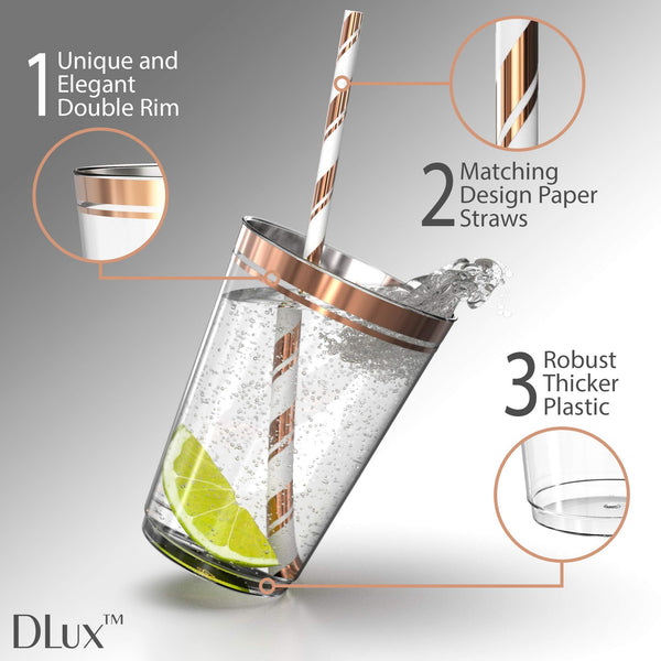 DLux 175 Pieces Rose Gold Plastic Dinnerware Set for 25 Guests, (25 Forks, Knives, Spoons, Cups, Straws, Salad & Dinner Plates) for Wedding and Party,