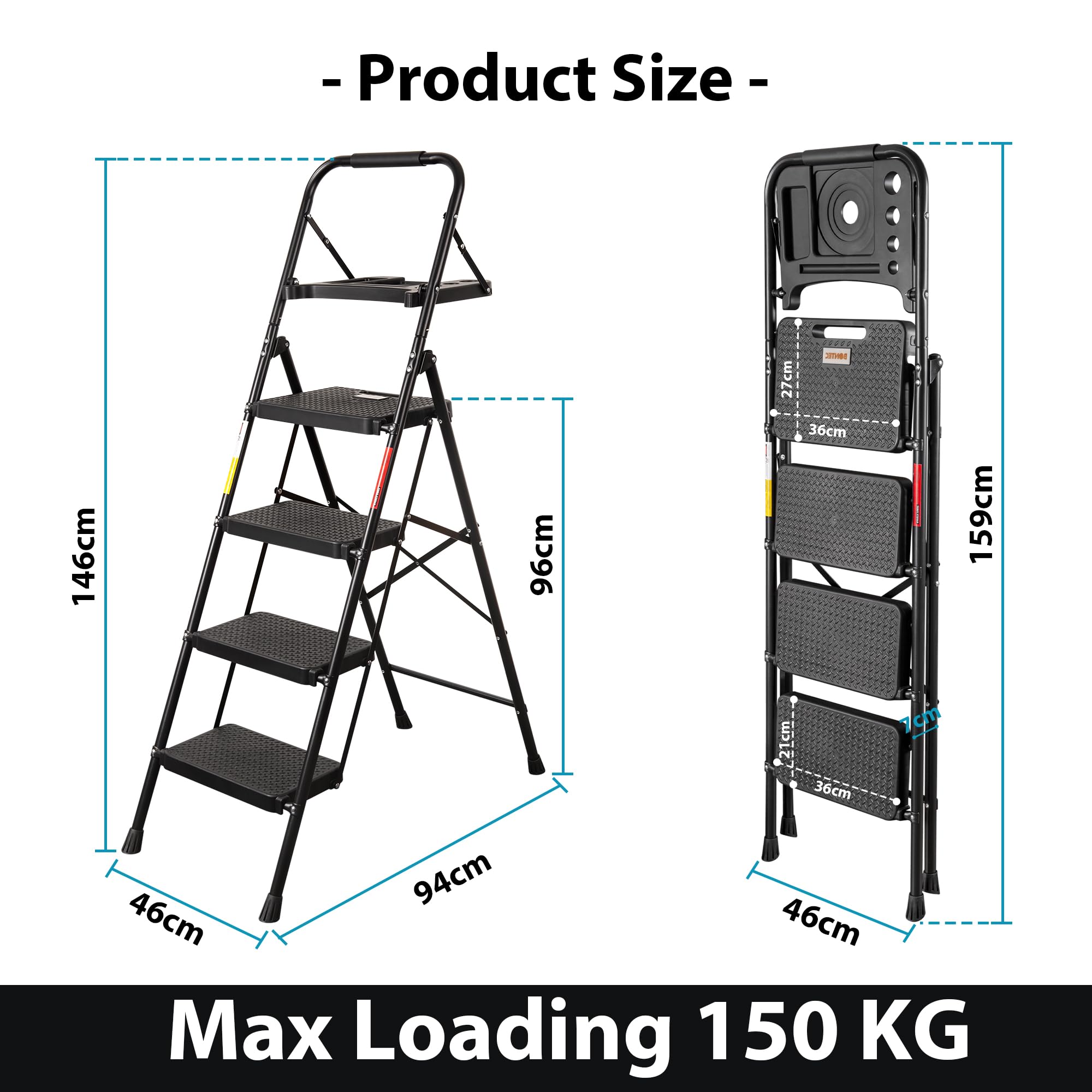 BONTEC 4 Step Ladder Folding, Heavy Duty Foldable Step Stool with Wide Anti-Slip Pedals, Sponge Handrail and Tool Tray, Portable Household Ladder 150kg Capacity, Compact Collapsible Indoor Ladder