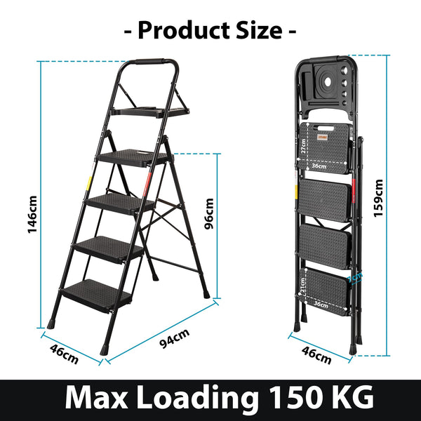 BONTEC 2 Step Ladder, Capacity 150KG with Wide Anti-Slip Pedals, Folding Steel Step Stool, Sponge Handlebar, Lightweight Portable Ladder Suitable for Home, Kitchen, Pantry, Indoor/Outdoor Use, Black