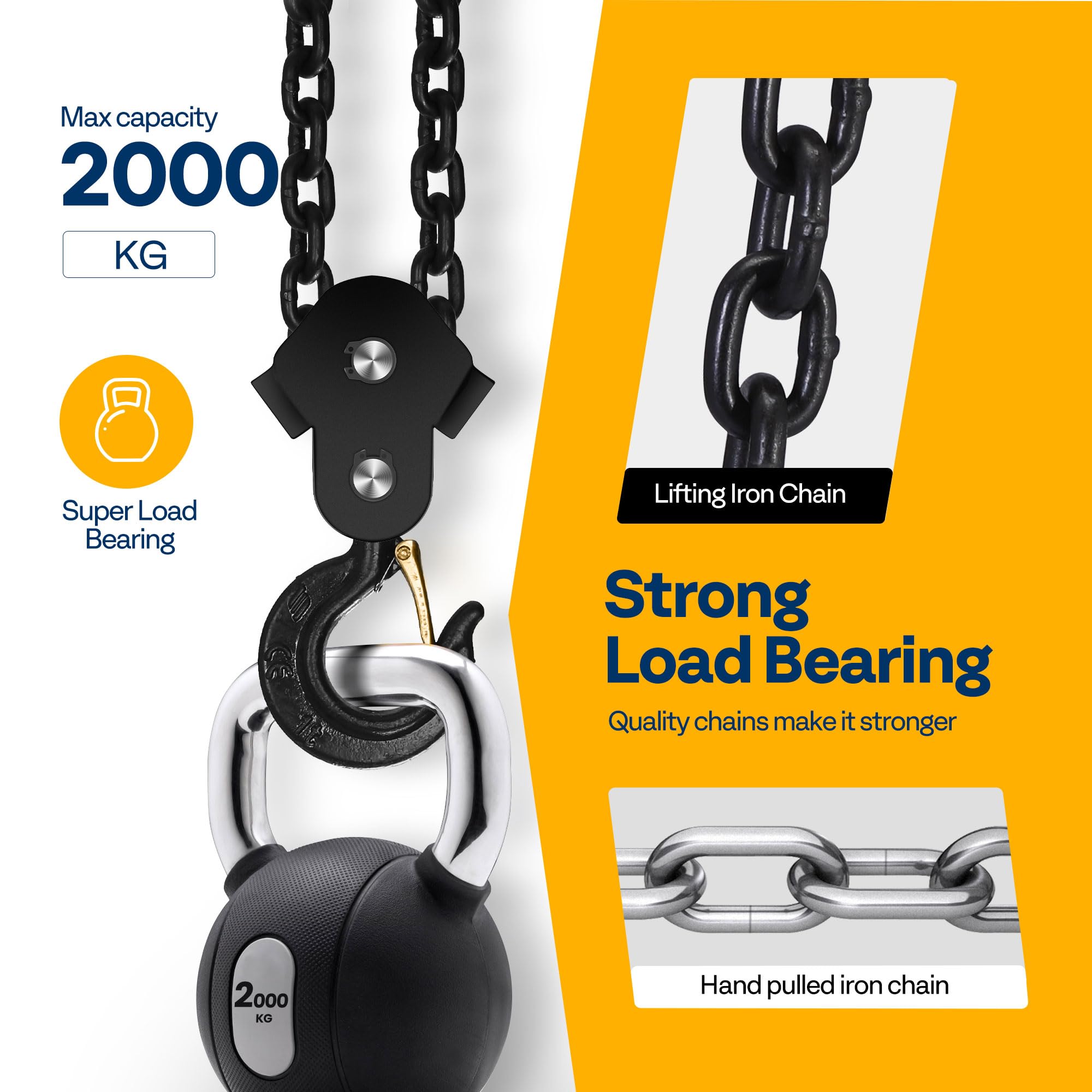 SPECSTAR Hand Chain Hoist 1250kg Capacity 3m with 2 Heavy Duty Hooks Manual Chain Fall for Warehouse Building Automotive Machinery