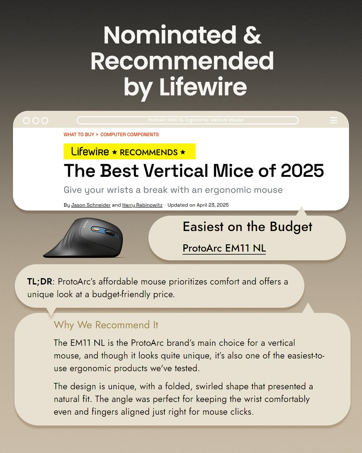 ProtoArc EM11 NL Ergonomic Mouse, Wireless Vertical Mini Mouse Rechargeable Optical Mice with Multi-Device (2*Bluetooth + USB Connection), 3 Adjustable DPI for Computer, iPad, Mac, Windows Black