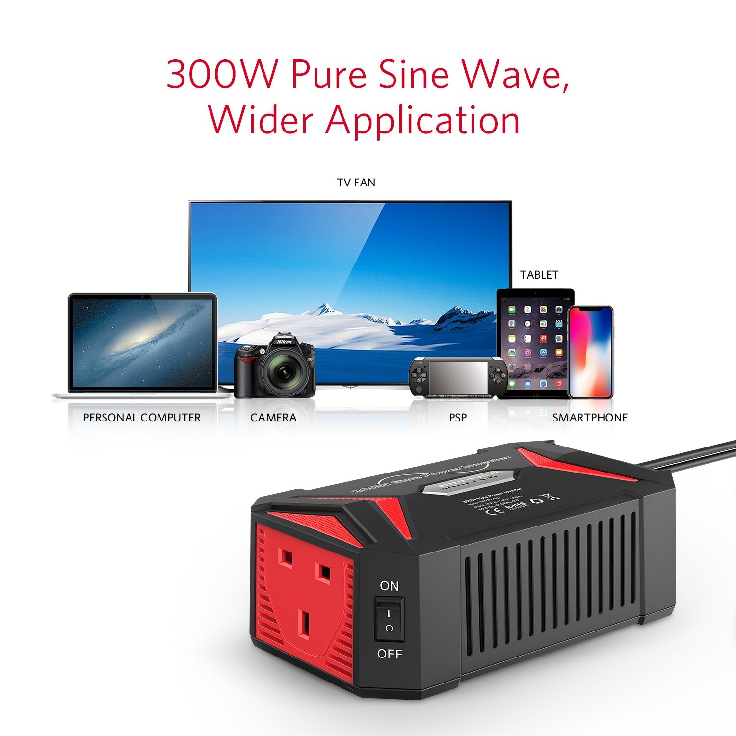 BESTEK 300W Pure Sine Wave Power Inverter 12V to 240V 230V with 4.8A Dual Smart USB Ports Car Adapter Charge Your Laptop iPad iPhone Tablet Consoles & More