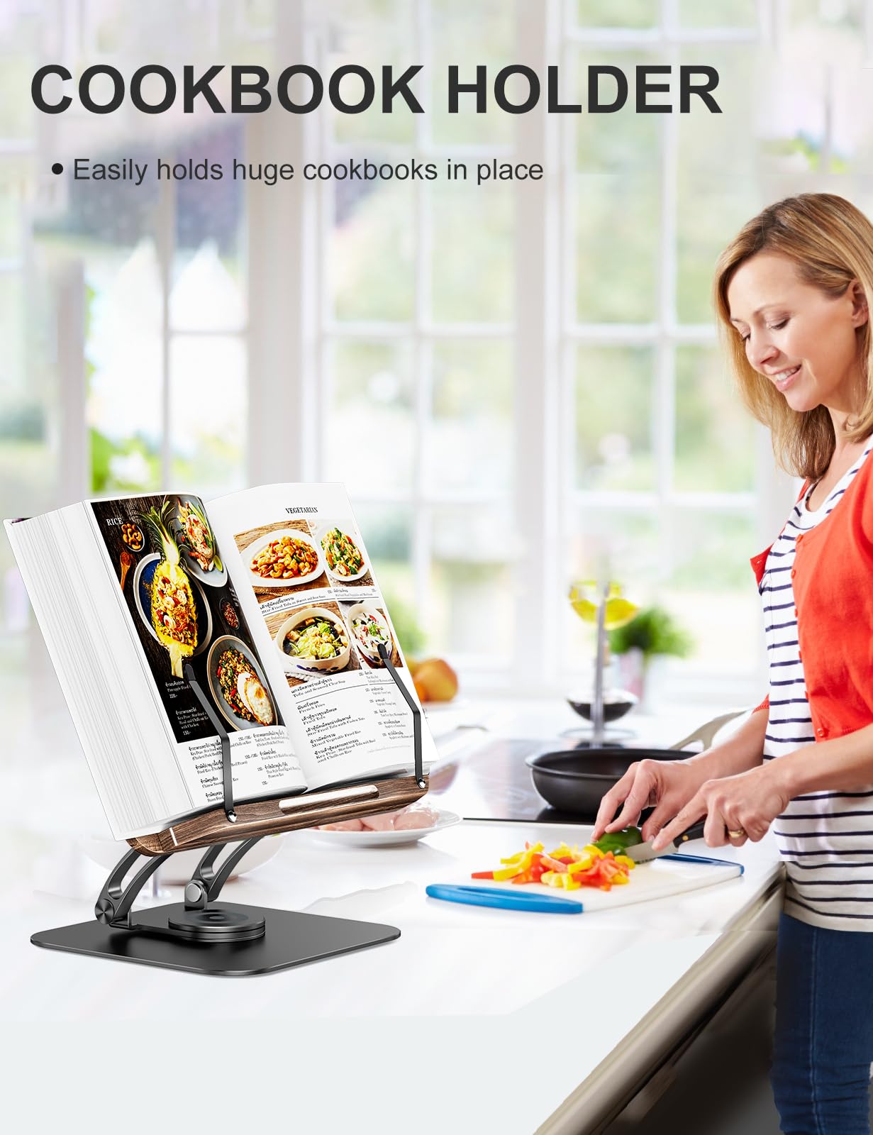 Tounee Book Stand for Reading, Adjustable Book Holder with 360 Swivel Base, Foldable Cookbook Stand Recipe Book Holder with Elastic Page Clips for