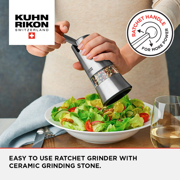 Kuhn Rikon Epicurean Ratchet Grinder for Salt, Pepper, Spices. Stainless Steel Spice Grinder (Coarse  Fine). Black Pepper Grinder Mill. Salt Grinder