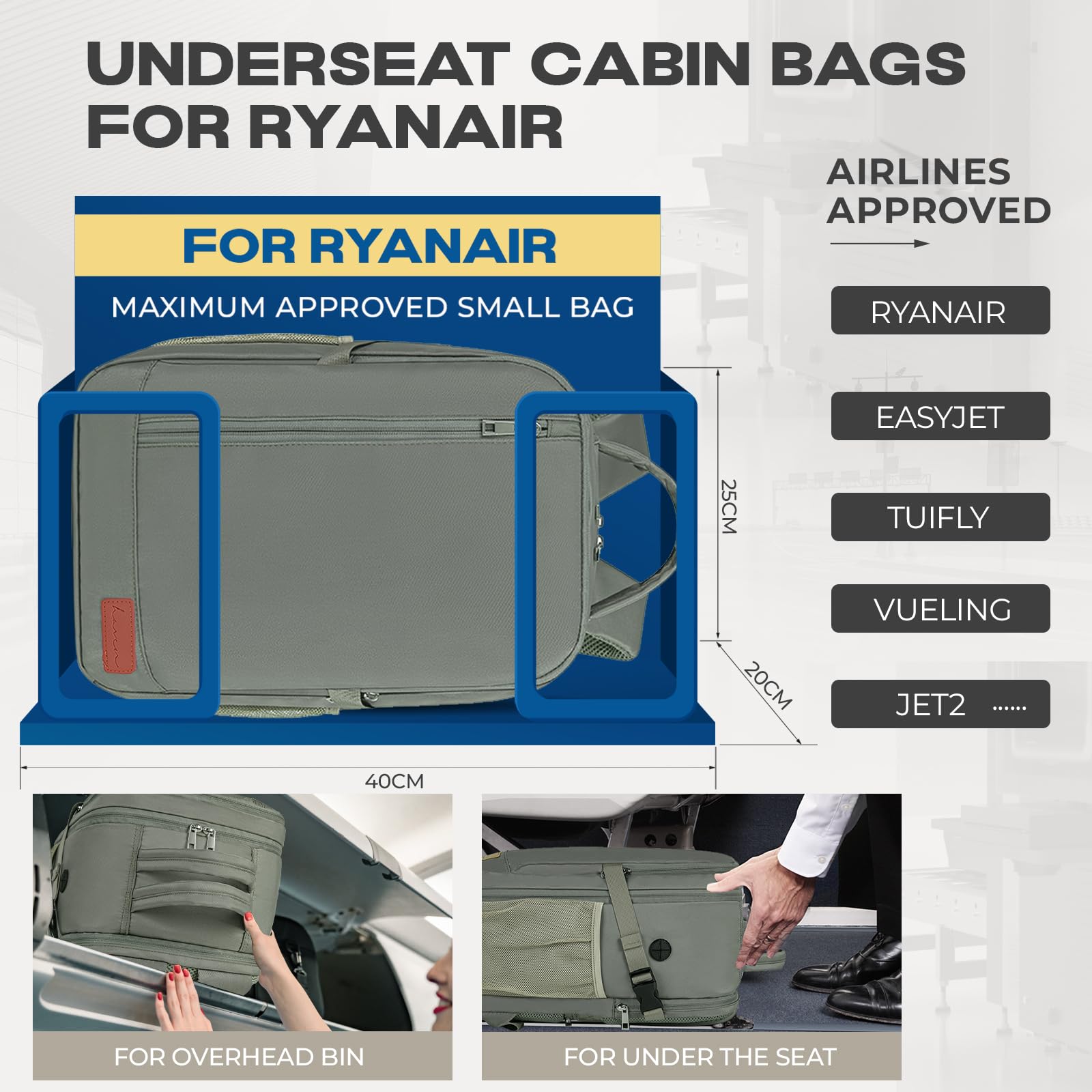 VMIKIV for Ryanair Cabin Bags 40x20x25 Underseat Carry On Bag,Small Travel Backpack Cabin Size for Men Women,Hand Luggage for Overnight, Weekend,Under Seat Casual Daypack for Airlines