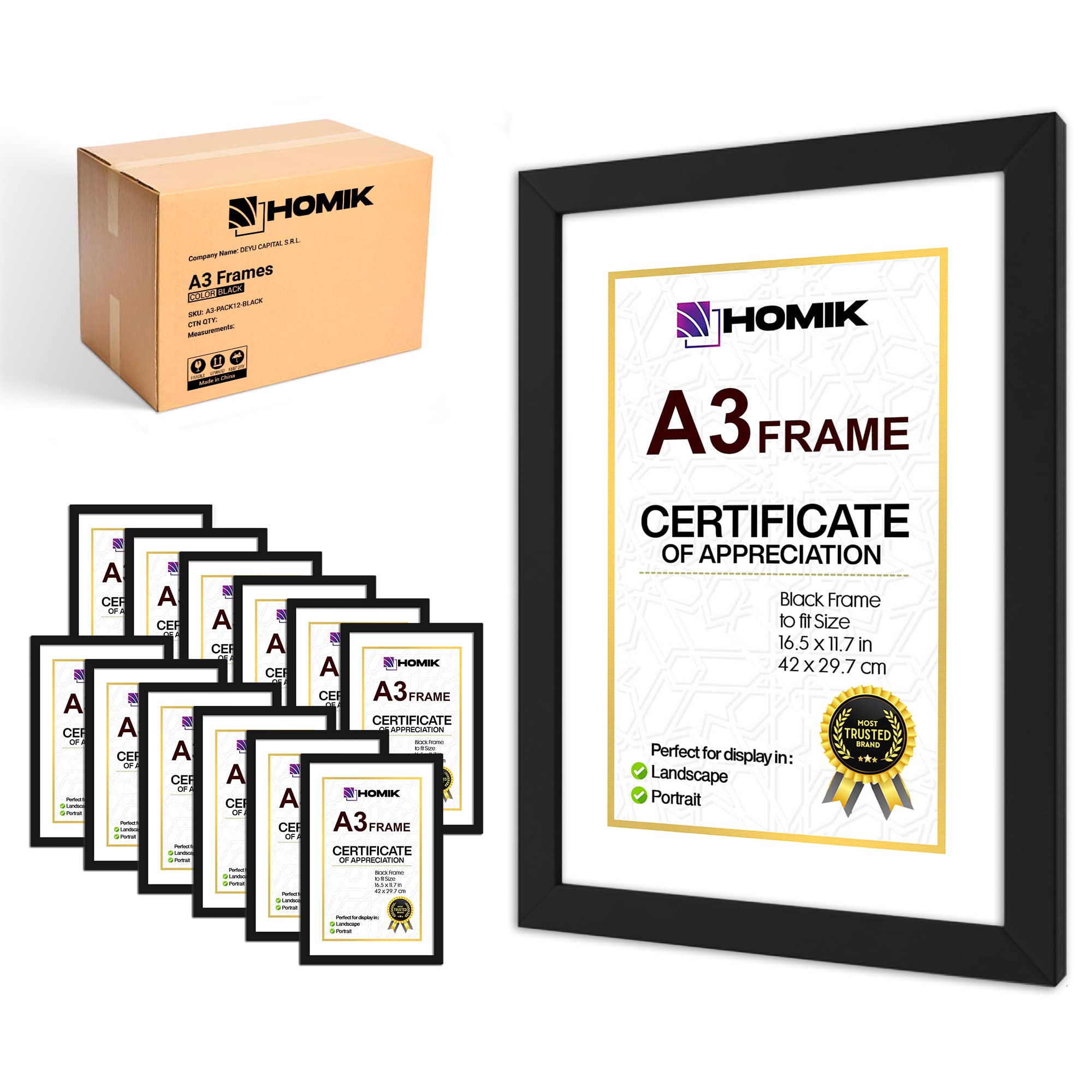 HOMIK A3 Photo Frames Pack of 12 - Picture Frames A3 Economy Pack of 12