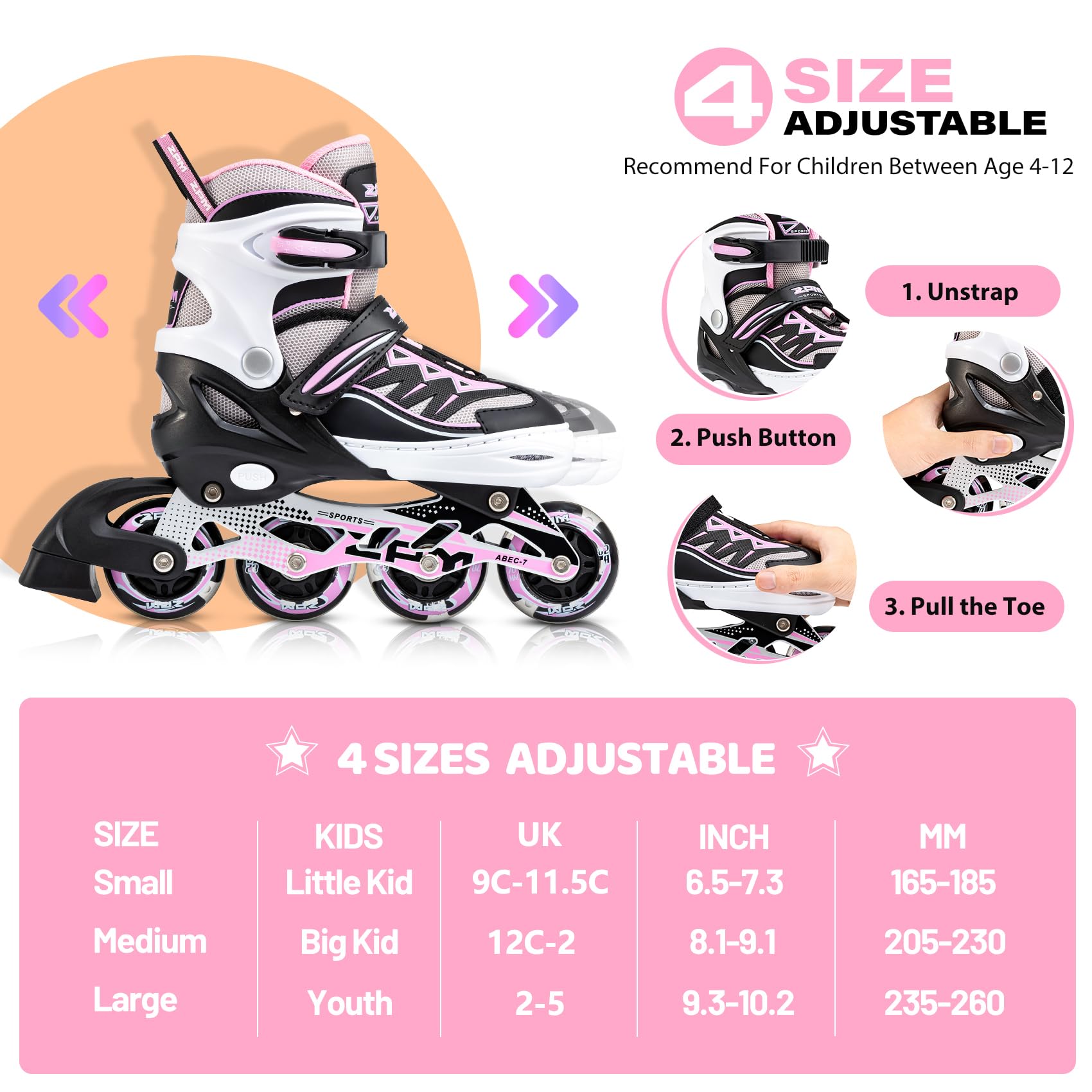 2pm Sports Adjustable Light up Inline Skates, Stylish Design Beginner Roller Skates for Boys and Girls - Pink Large