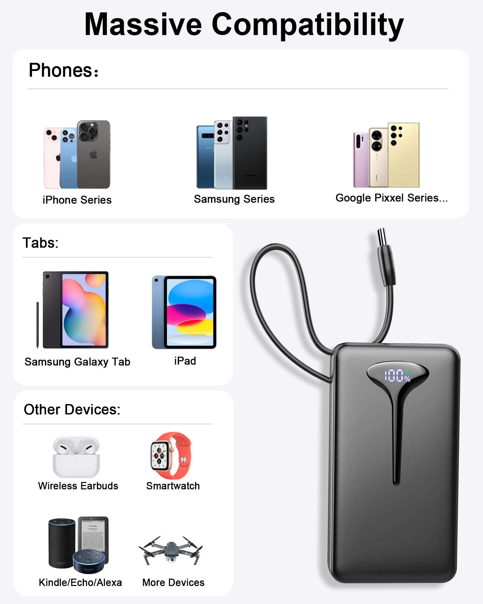Power Bank Fast Charging, 22.5W Portable Charger 10000mAh, Small Battery Pack USB-C In & Out, Lightweight Powerbank with Built in Cable for iPhone 16/15/14/13/12, Samsung Galaxy, Xiaomi, Android etc