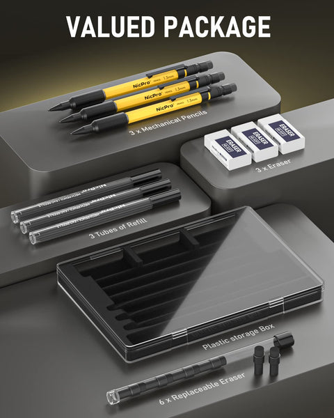 Nipro 3 PCS 1.3 mm Mechanical Pencil with Lead Refill, 3 Eraser - Weatherproof Metal Barrel, Heavy Duty Carpenter Pencil for Outdoor Marking Drafting Drawing Sketching Woodworking - with Case