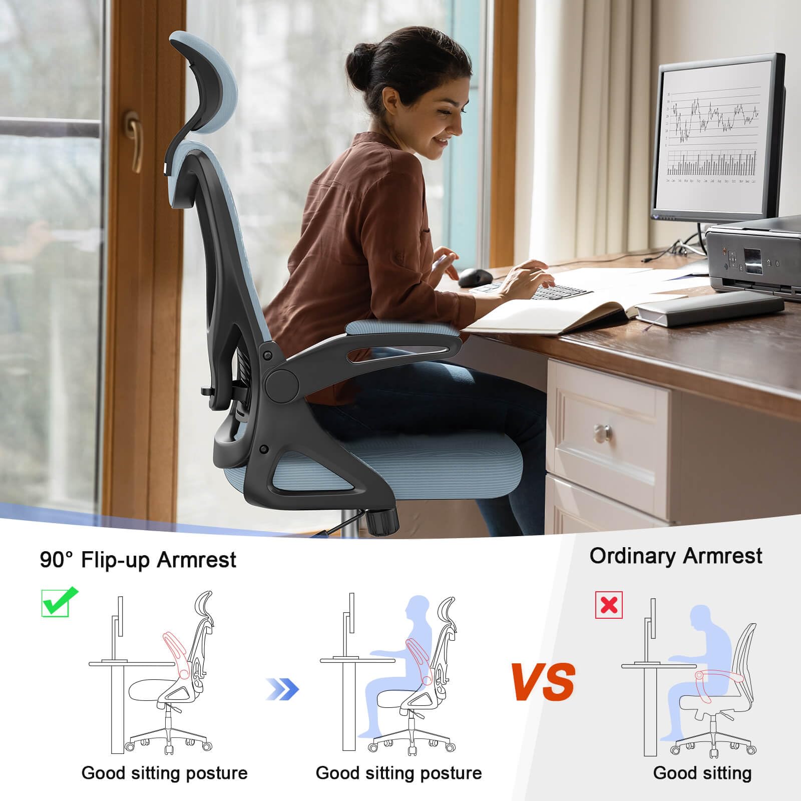 Office Chair - Ergonomic Desk Chair with Lumbar Support Headrest Adjustable, Padded Flip-up Armrests Comfy Seat Cushion High Back Executive Manager Chair For Home Office