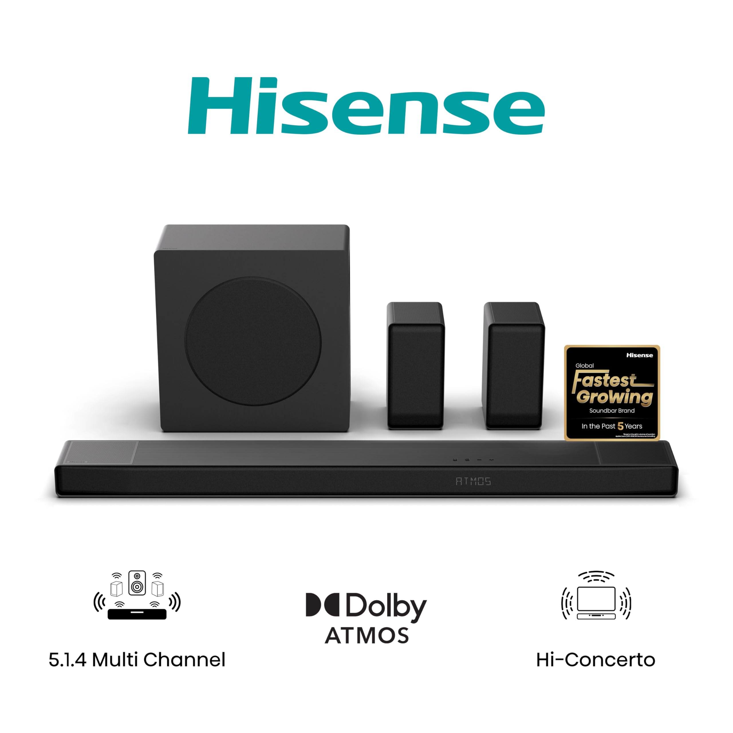 Hisense AX5125H 5.1.2 Channel 500W Dolby Atmos Soundbar with Wireless Subwoofer& Up Firing Speakers& Turly Wireless Rear Speakers