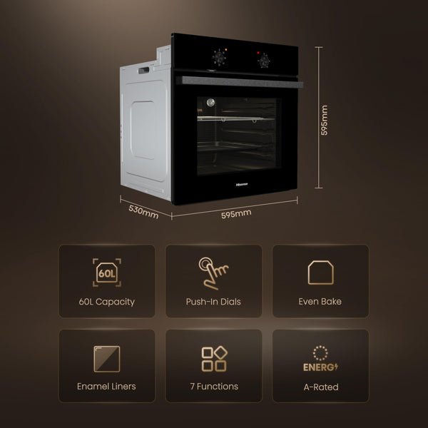 Hisense BI64211PB 77 Litre Built In Electric Single Oven With Pyrolytic Cleaning, Pizza Mode, Multiphase Cooking- Black 22x23x23 inches (LxWxH) - A+ Rated, Extra Large