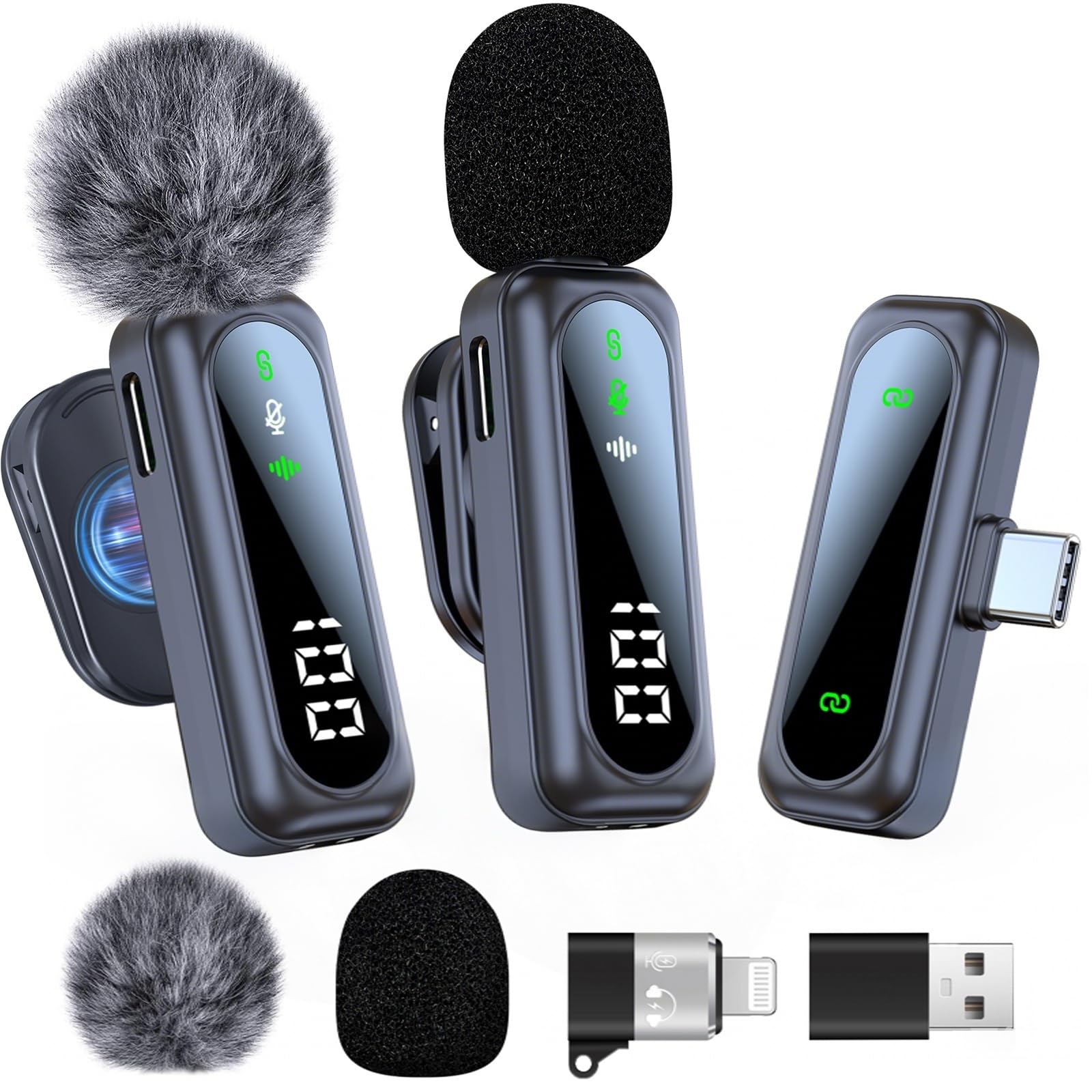 dralud 2 Pack Wireless Lavalier Microphone with Magnetic Clip, Microphone for iPhone Android Phone with USB-C, Mini Mic with Noise Cancellation for Video Recording TikTok YouTube