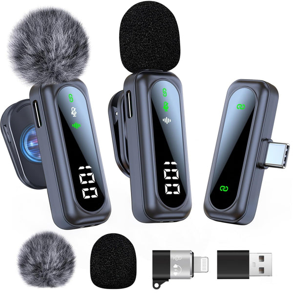 dralud 2 Pack Wireless Lavalier Microphone with Magnetic Clip, Microphone for iPhone Android Phone with USB-C, Mini Mic with Noise Cancellation for Video Recording TikTok YouTube