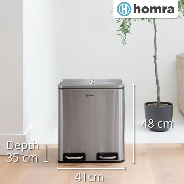 Homra Dual Kitchen Bin 30l  Double Rubbish Bins 2x15l  2 Compartment Pedal System  Twin Section Waste&Recycling Separation  Soft Close Design