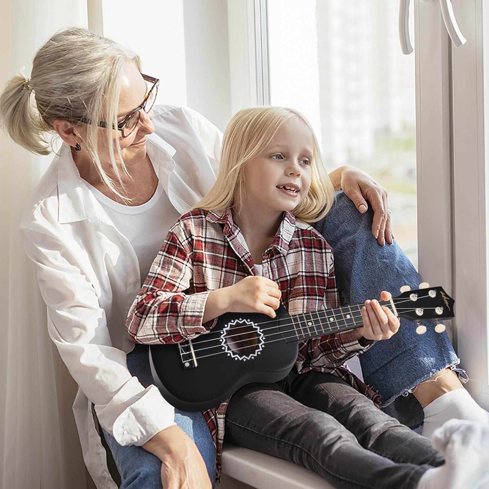 ADM Soprano Ukulele Set for Kids and Beginners, Ukulele Starter Kit with Bag, Clip-On Tuner, Rainbow Strings, Colourful Strap, Plectrum, Fingerboard Sticker, Chord Card (Dark Blue)