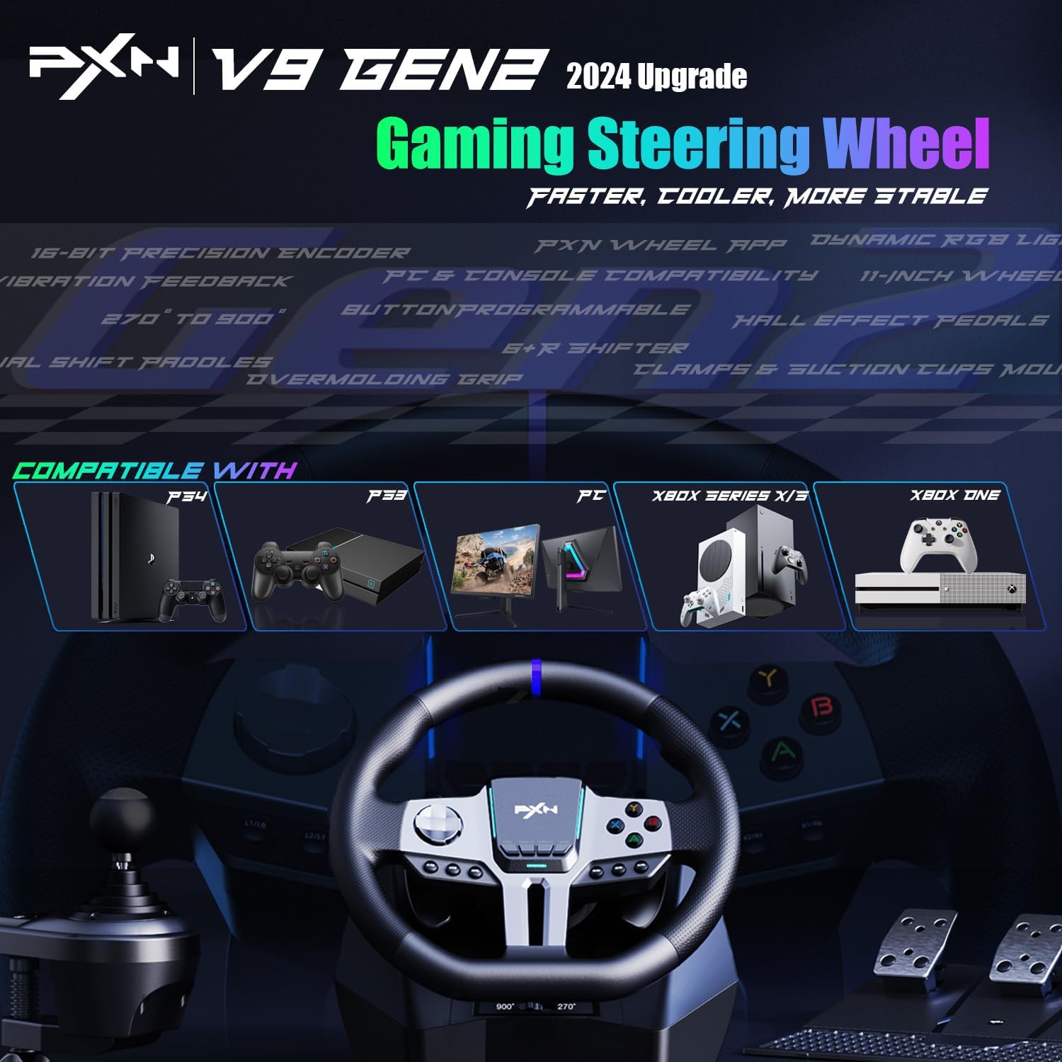 PXN V9 Gen2 PC Racing Wheel with Pedals and Shifter Vibration Feedback Hall Effect Pedal H-Shifter, Paddle Shifters Tools APP Steering Wheel for PC PS4 Xbox One Xbox Series X S