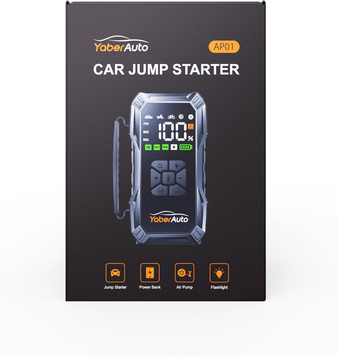 Jump Starter Power Pack with Air Compressor, YaberAuto 6000A Portable Car Battery Booster (All Petrol/10L Diesel), 12V Car Jump Starter Power Bank with Jump Leads, LCD Screen, Emergency Light