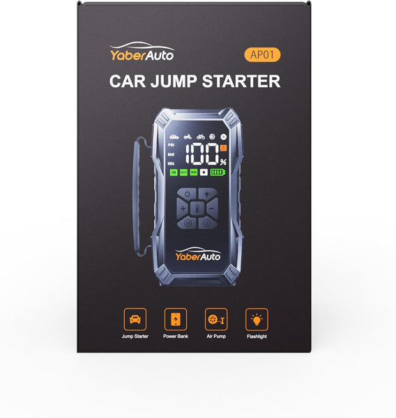 Jump Starter Power Pack with Air Compressor, YaberAuto 6000A Portable Car Battery Booster (All Petrol/10L Diesel), 12V Car Jump Starter Power Bank with Jump Leads, LCD Screen, Emergency Light